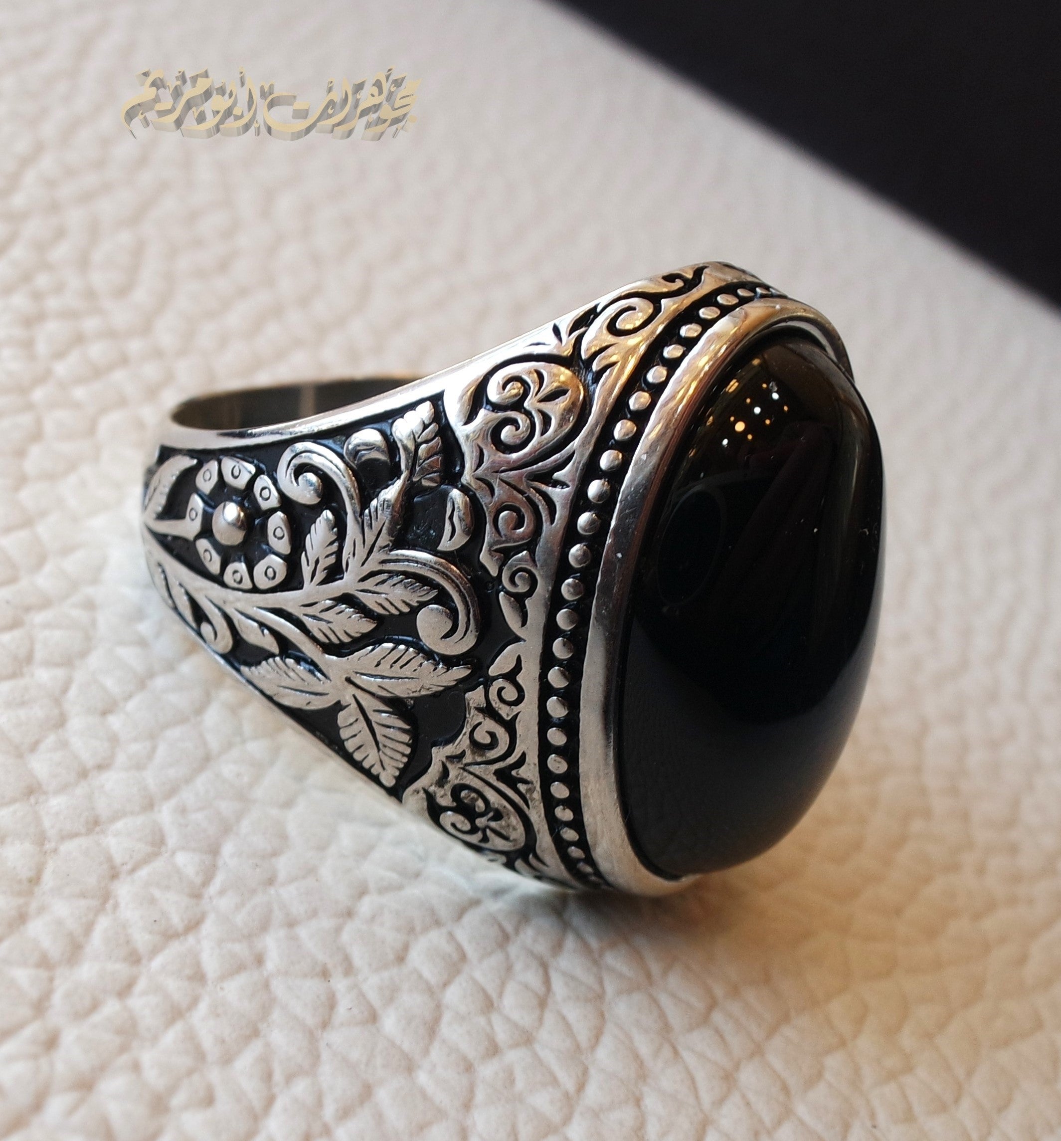 Black aqeeq natural agate stone oval red cabochon gem man ring sterling silver Arabic middle eastern turkey style