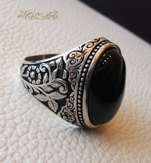 Black aqeeq natural agate stone oval red cabochon gem man ring sterling silver Arabic middle eastern turkey style