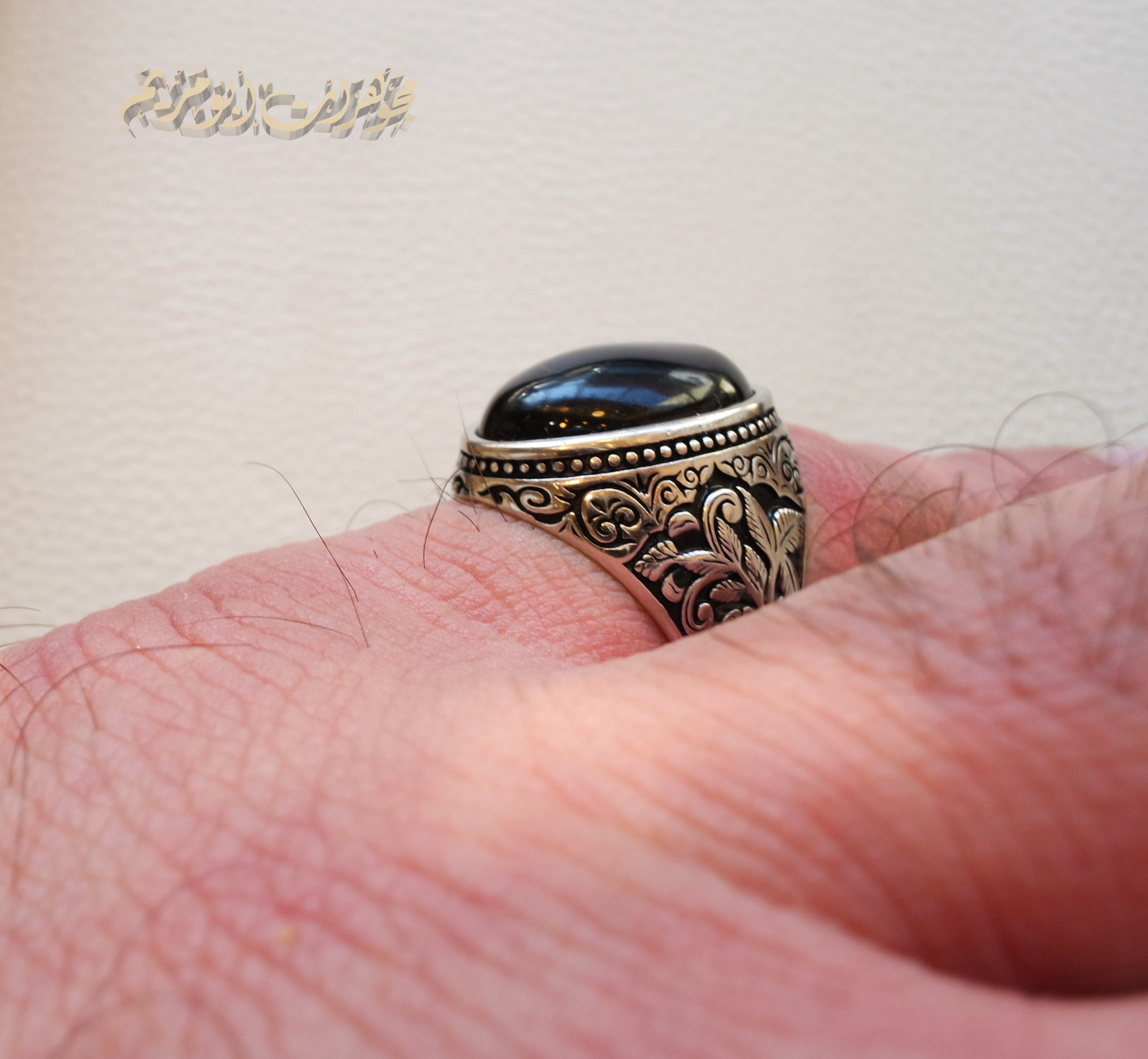 Black aqeeq natural agate stone oval red cabochon gem man ring sterling silver Arabic middle eastern turkey style