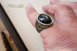 Black aqeeq natural agate stone oval red cabochon gem man ring sterling silver Arabic middle eastern turkey style