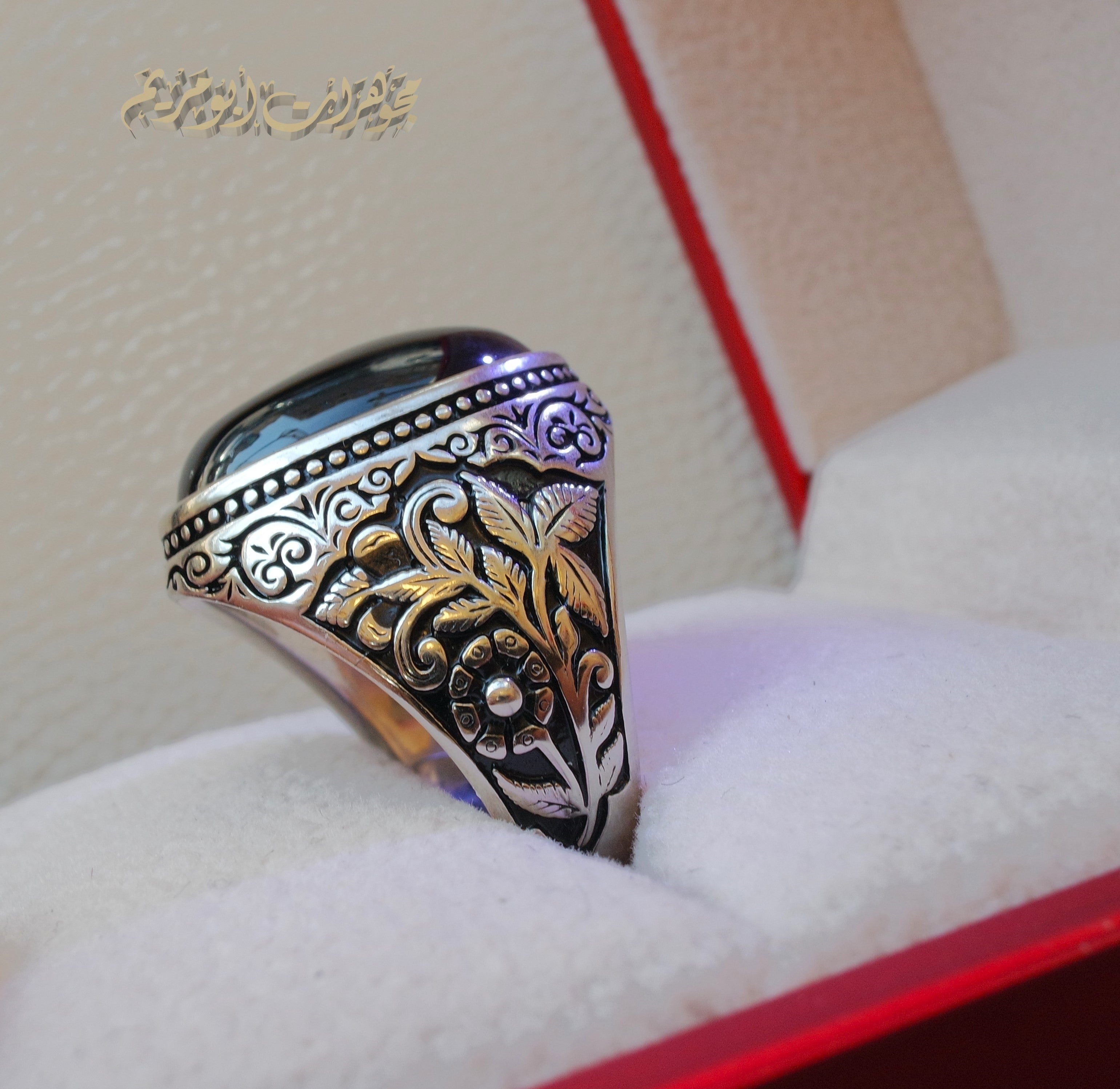 Black aqeeq natural agate stone oval red cabochon gem man ring sterling silver Arabic middle eastern turkey style