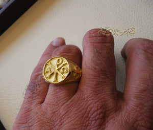 Chi Rho anchor cross Christ Christian symbol 10 k gold heavy man ring made to order fine jewelry full insured shipping and nice box and packaging