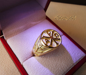 Chi Rho anchor cross Christ Christian symbol 10 k gold heavy man ring made to order fine jewelry full insured shipping and nice box and packaging