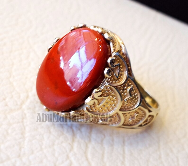 10k yellow gold men ring natural red jasper cabochon high quality stone all sizes Ottoman signet style fine jewelry fast shipping