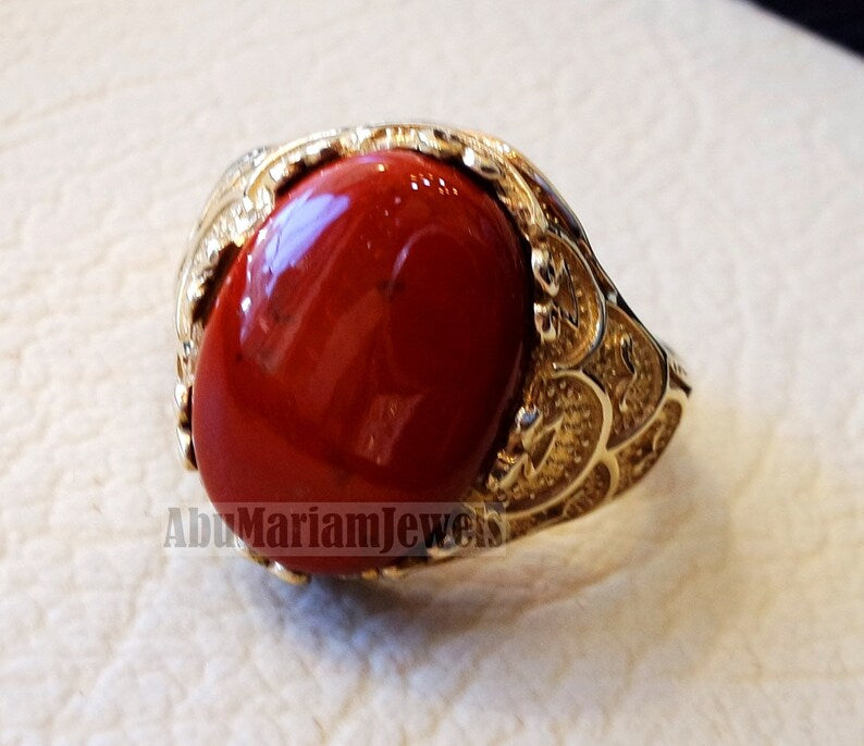10k yellow gold men ring natural red jasper cabochon high quality stone all sizes Ottoman signet style fine jewelry fast shipping