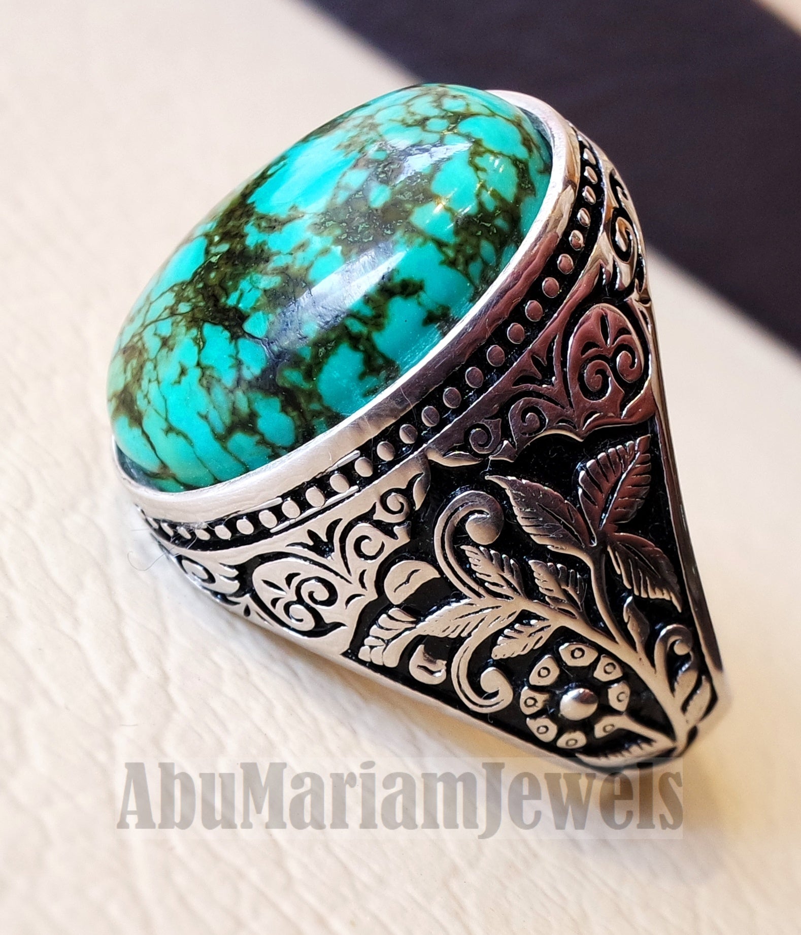 man ring nishapur tibet turquoise blue natural high quality stone sterling silver 925 all semi precious gem detailed design style