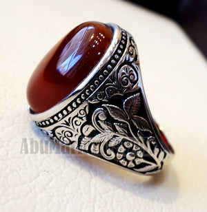 Striped aqeeq natural liver agate carnelian stone oval red cabochon gem man ring sterling silver arabic middle eastern turkey style