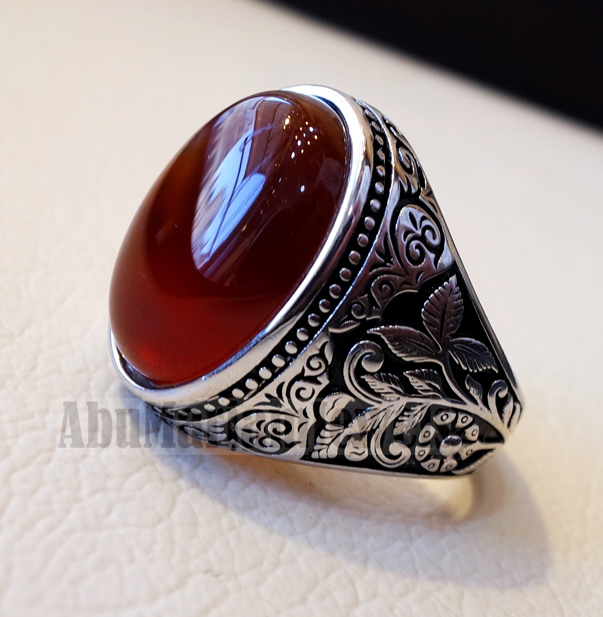 Striped aqeeq natural liver agate carnelian stone oval red cabochon gem man ring sterling silver arabic middle eastern turkey style