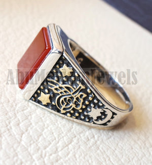 Rectangular silver aqeeq flat natural semi precious agate carnelian gemstone men ring sterling silver 925 and bronze jewelry all sizes