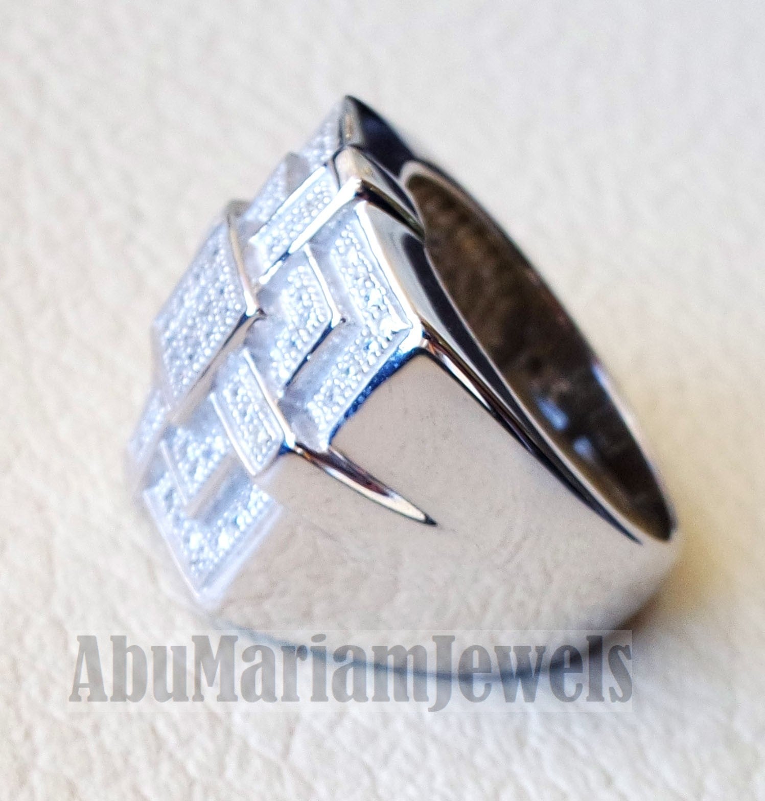 Micro pave cubic zirconia white stones diamond style sterling silver 925 heavy huge pyramid shape stunning men ring all sizes .