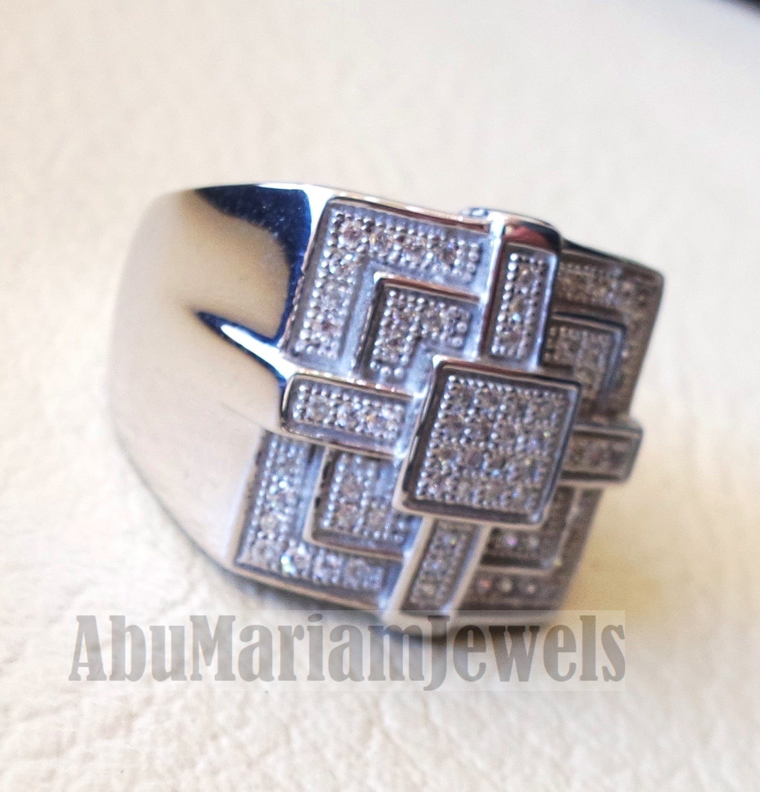 Micro pave cubic zirconia white stones diamond style sterling silver 925 heavy huge pyramid shape stunning men ring all sizes .