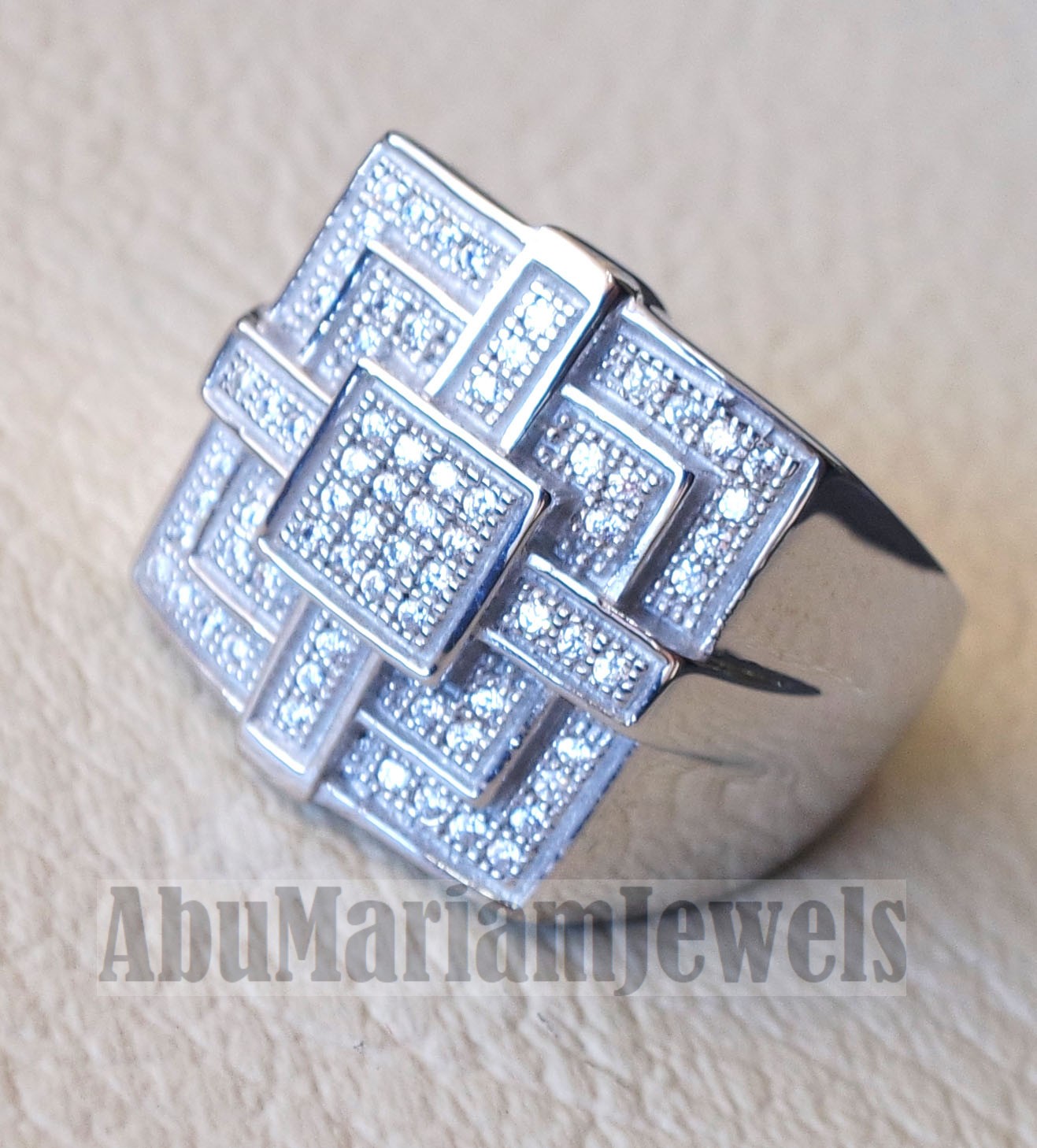 Micro pave cubic zirconia white stones diamond style sterling silver 925 heavy huge pyramid shape stunning men ring all sizes .