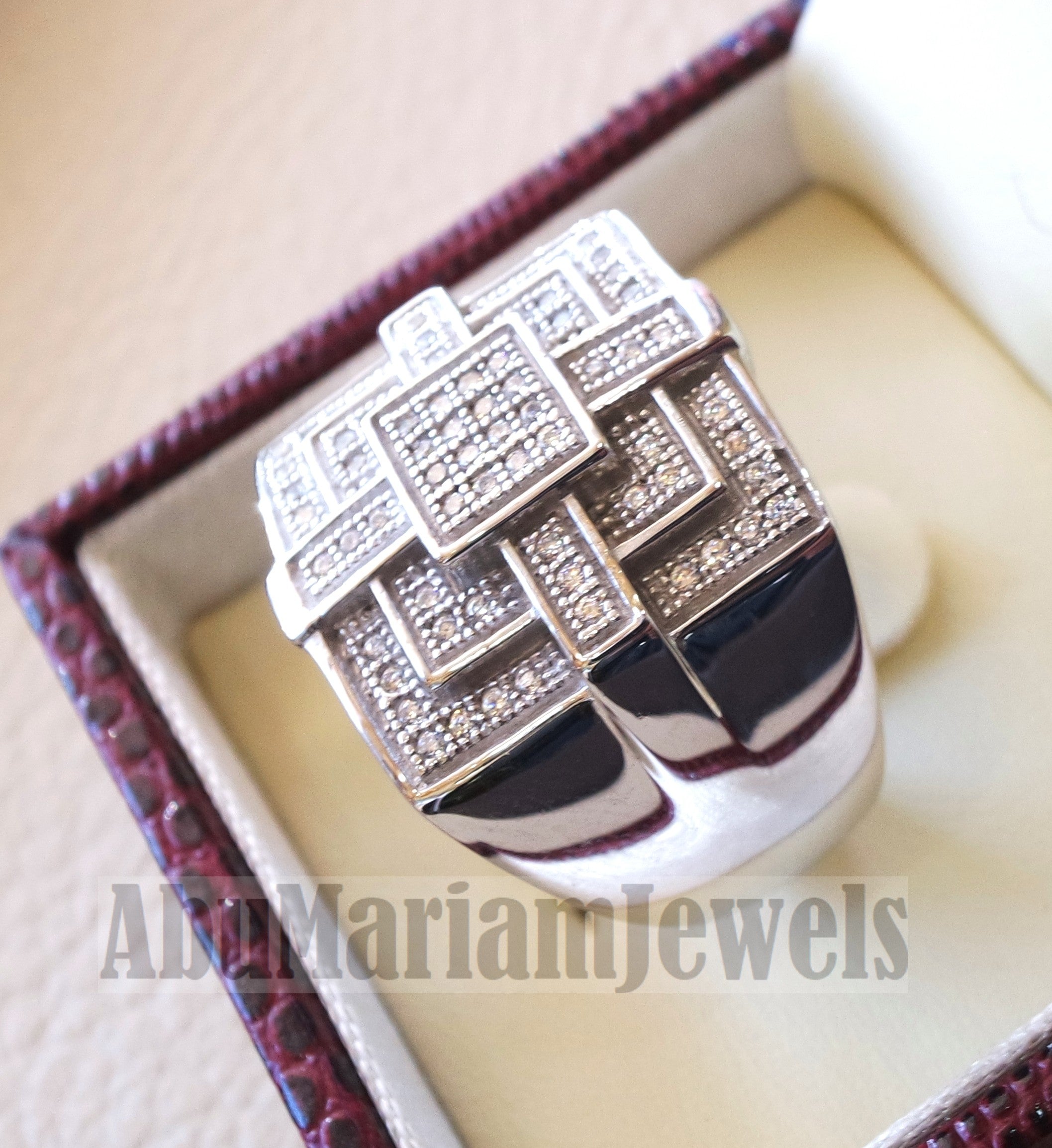 Micro pave cubic zirconia white stones diamond style sterling silver 925 heavy huge pyramid shape stunning men ring all sizes .