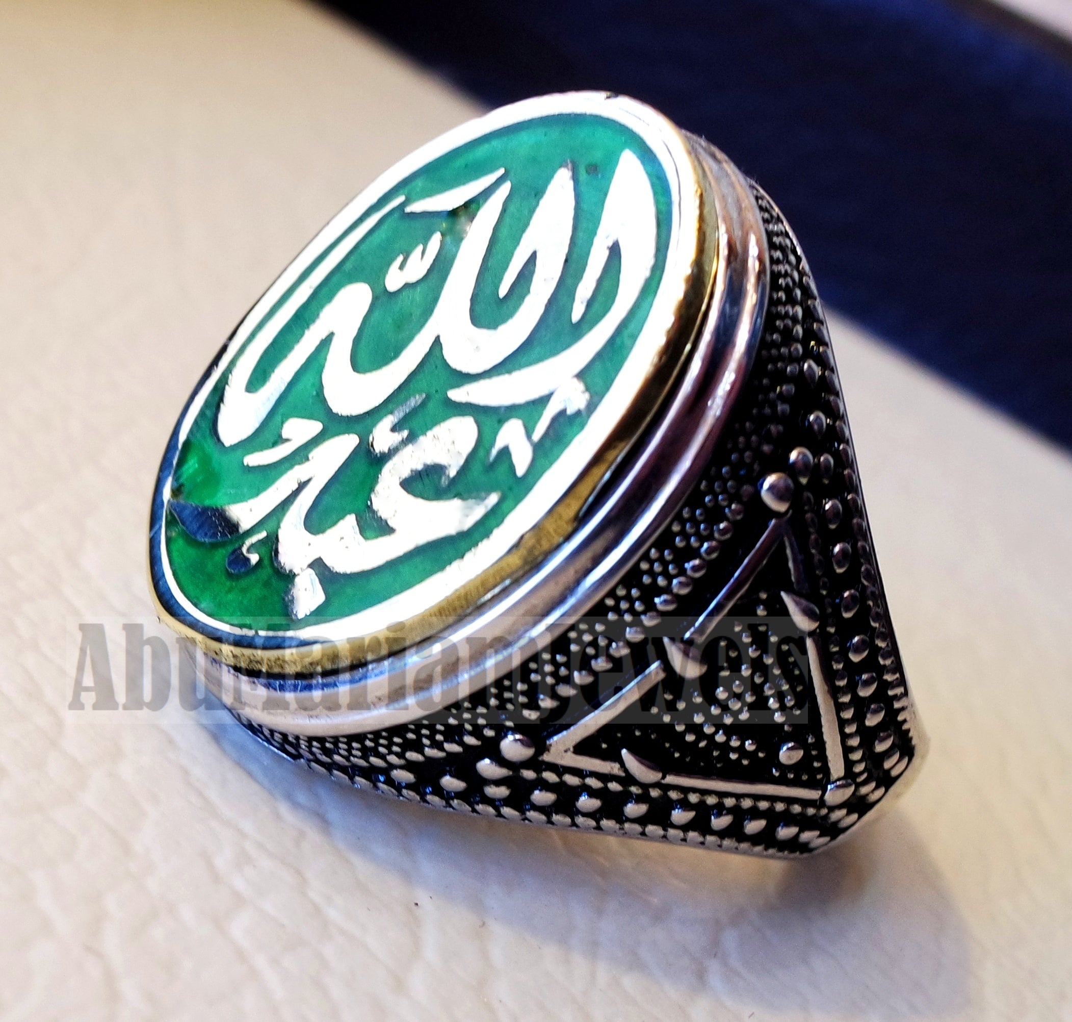 Customized Arabic calligraphy names ring personalized sterling silver 925 and bronze with green enamel TSE1002 خاتم اسم تفصيل