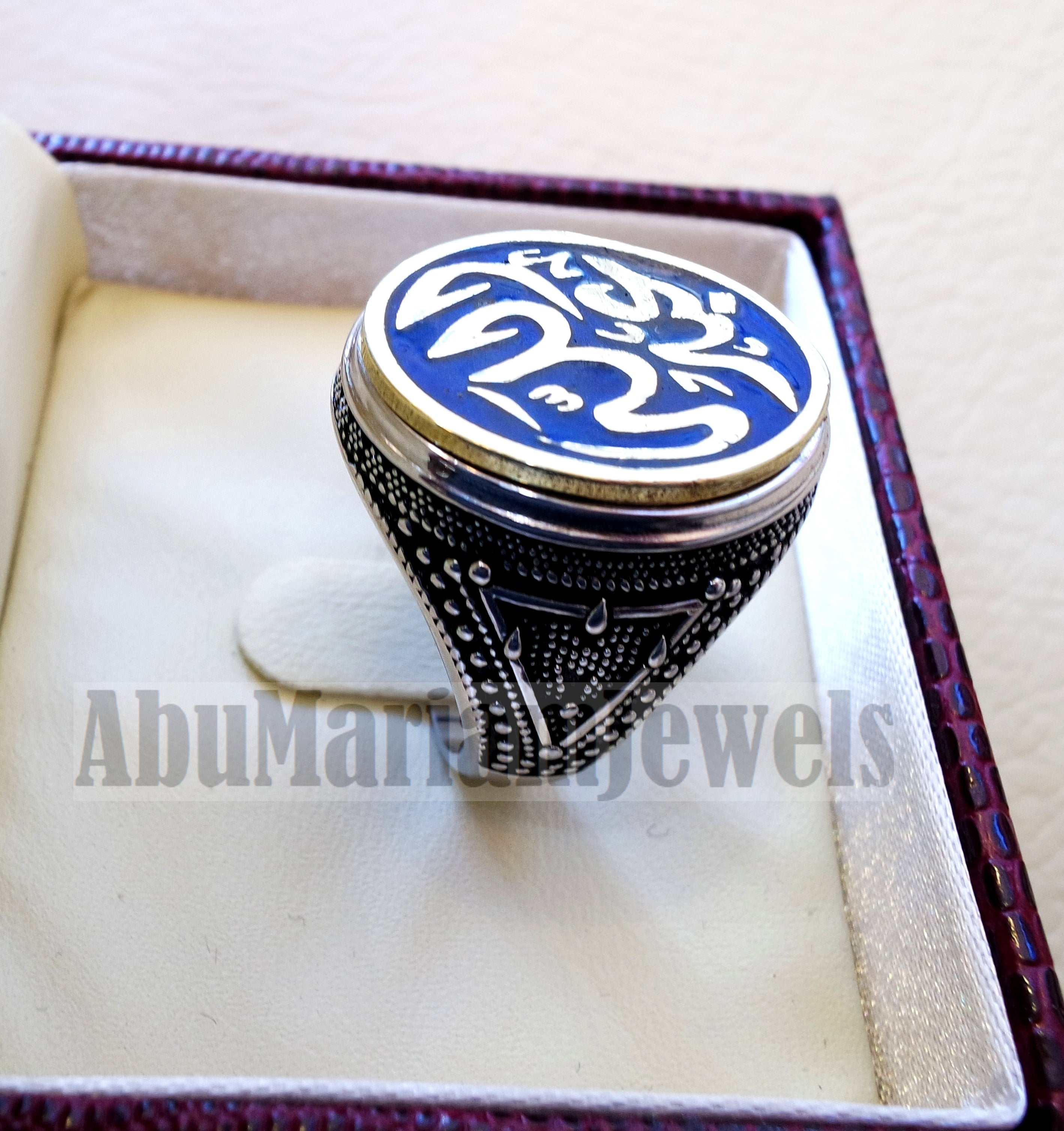 Customized Arabic calligraphy names ring personalized sterling silver 925 and bronze with dark blue enamel TSE1003 خاتم اسم تفصيل