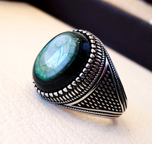 Akeek agate green natural aqeeq stone semi precious men ring sterling silver 925 all sizes antique ottoman middle east style jewelry