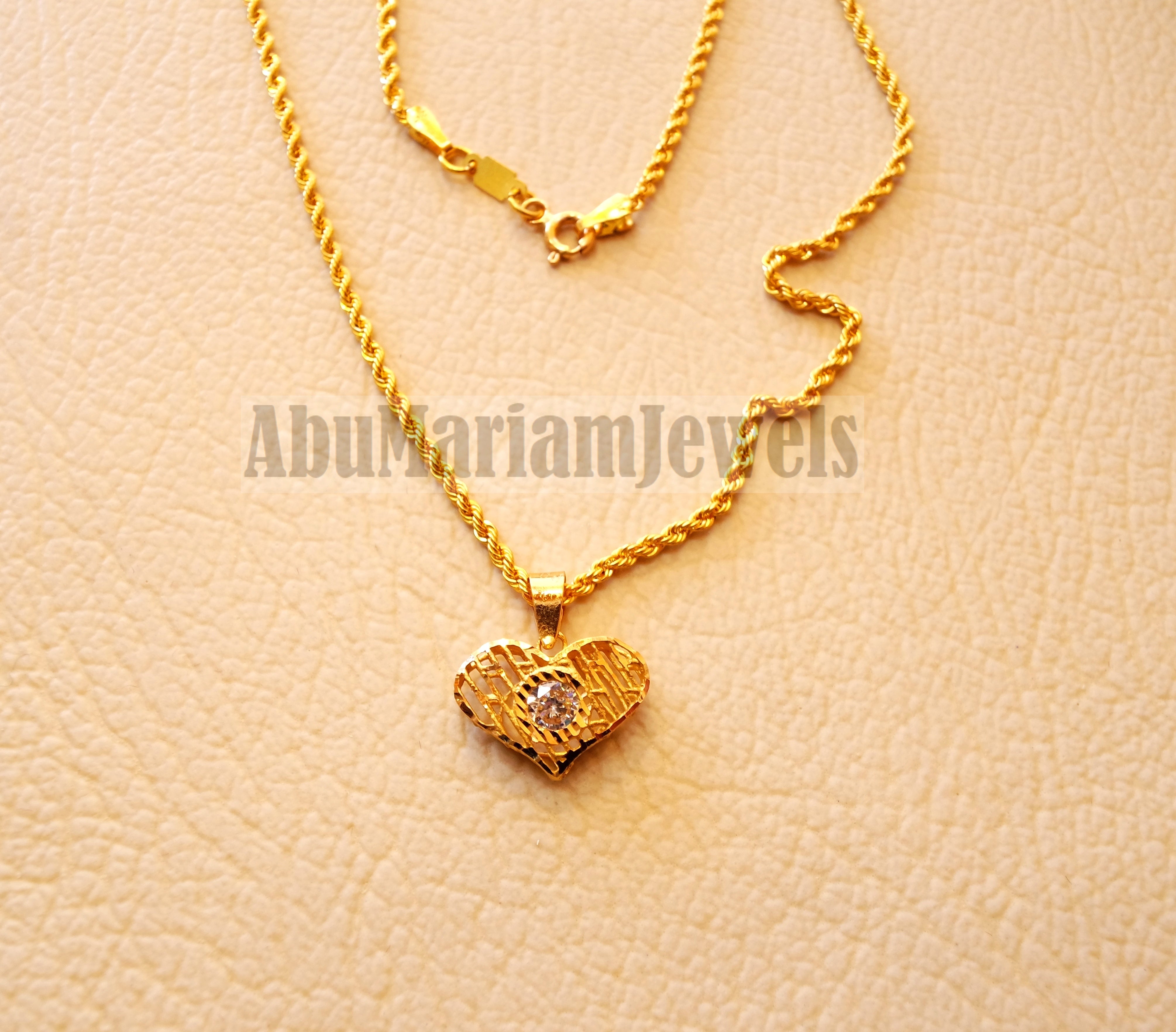 21K gold 3d heart pendant with rope chain gold jewelry with cubic Zirconia stone 16 and 20 inches fast shipping with gift box