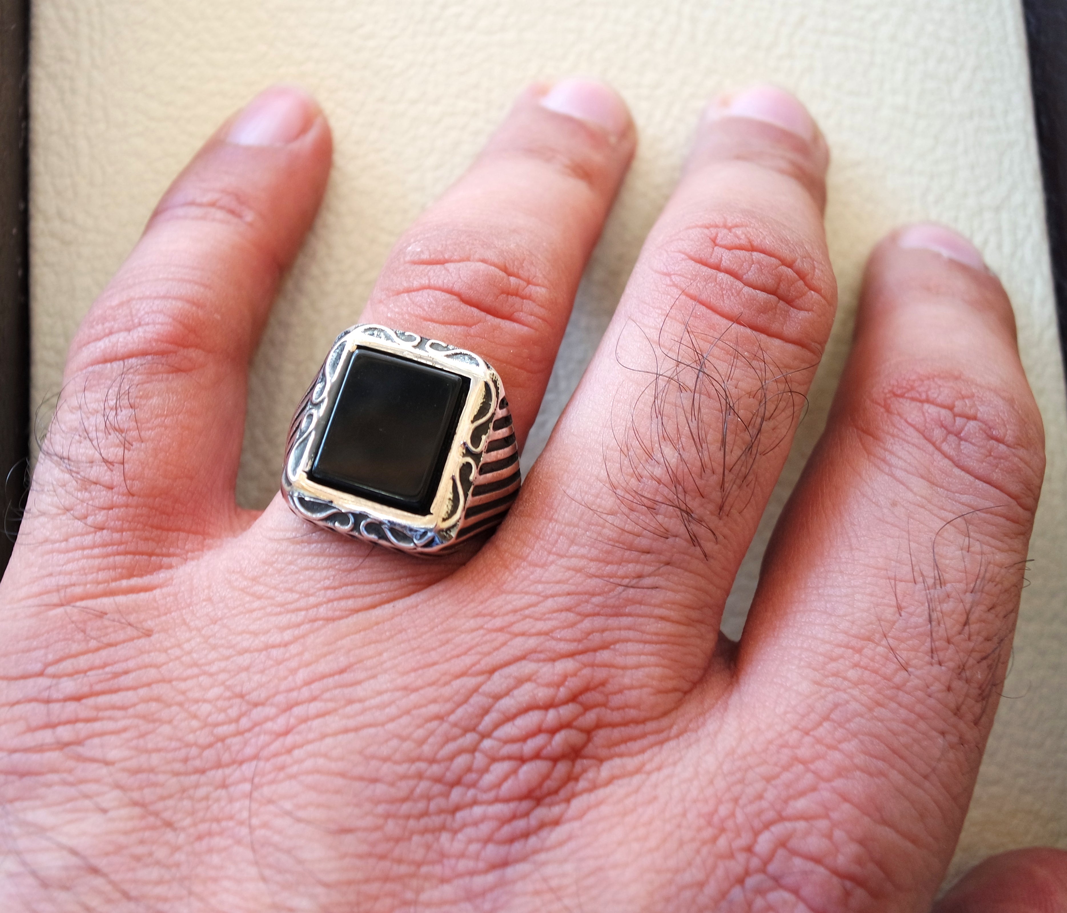 Rectangulaire Silver Onyx noir Aqeeq plat naturel Agate pierres minérales anneau style ottoman argent 925 bijoux toutes tailles expédition rapide