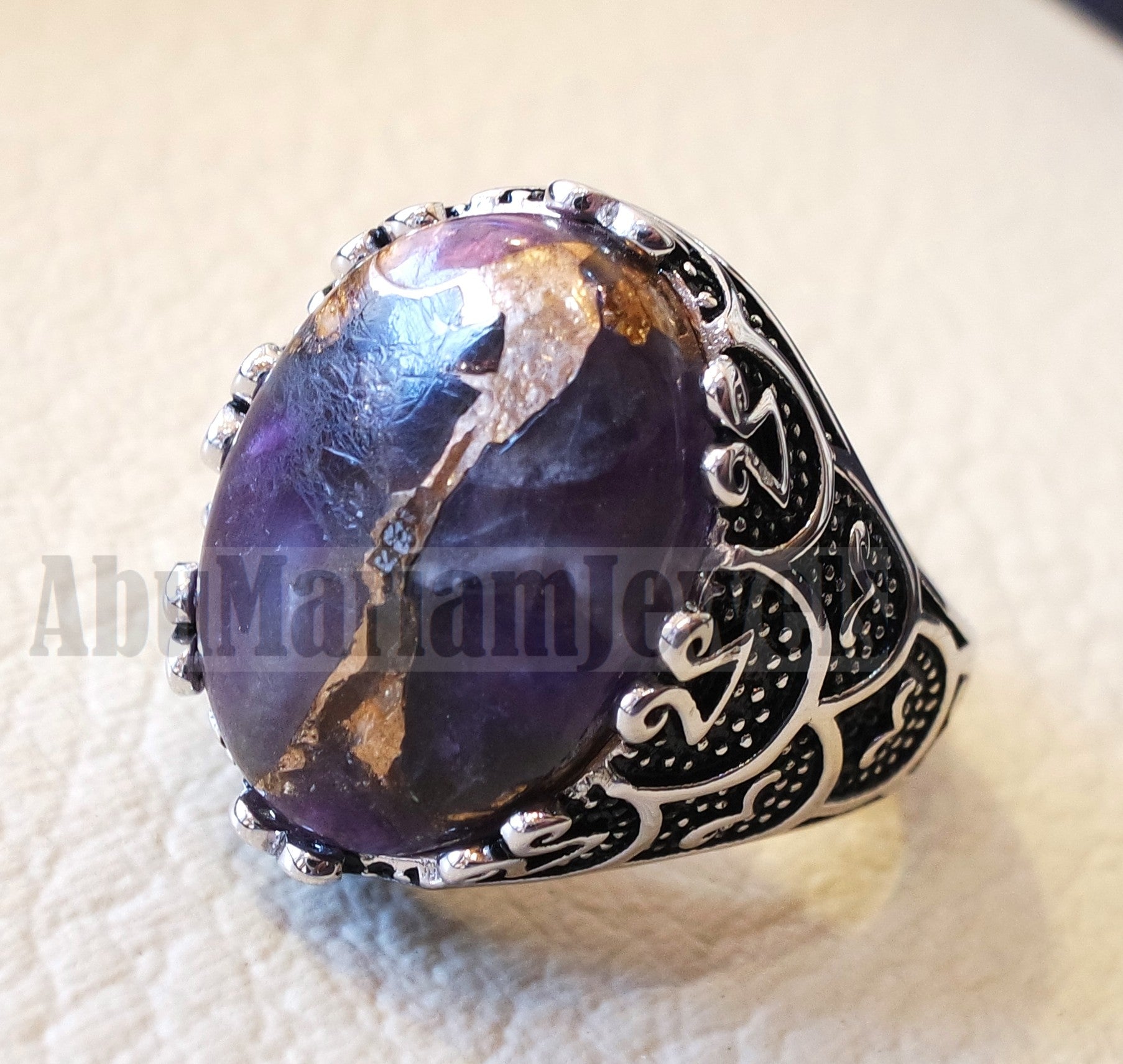 man ring copper amethyst natural purple stone sterling silver 925 oval cabochon semi precious gem ottoman arabic style all sizes jewelry