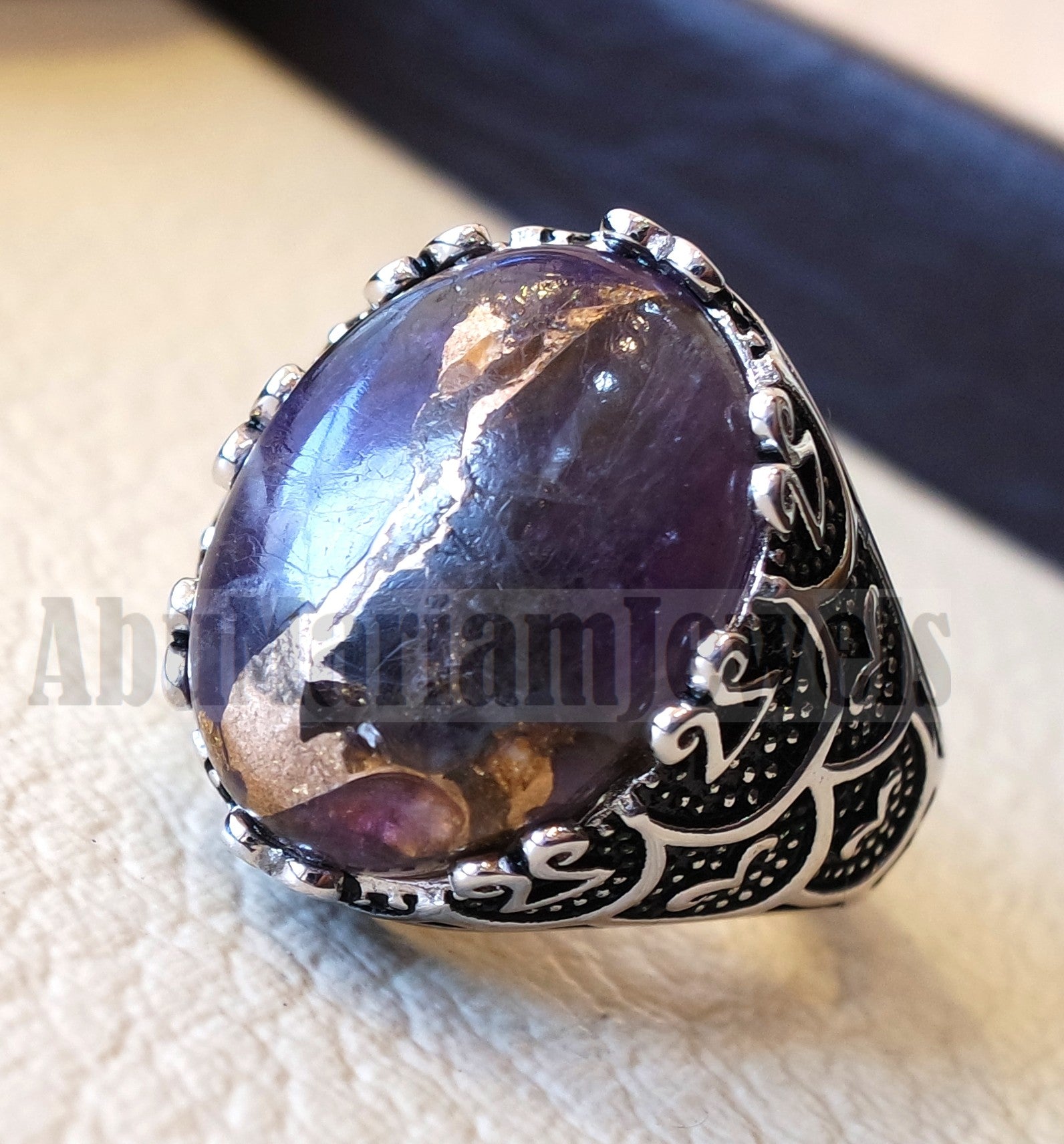 man ring copper amethyst natural purple stone sterling silver 925 oval cabochon semi precious gem ottoman arabic style all sizes jewelry