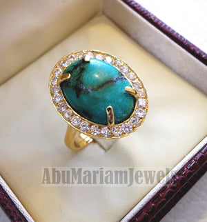 Women 18K gold naural tibet turquoise ladies ring cabochon oval stone all sizes jewelry classic style white cubic zircon around