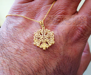 Honeycomb snowflake 3d 18K yellow gold necklace pendant and chain gift fine jewelry full insured shipping