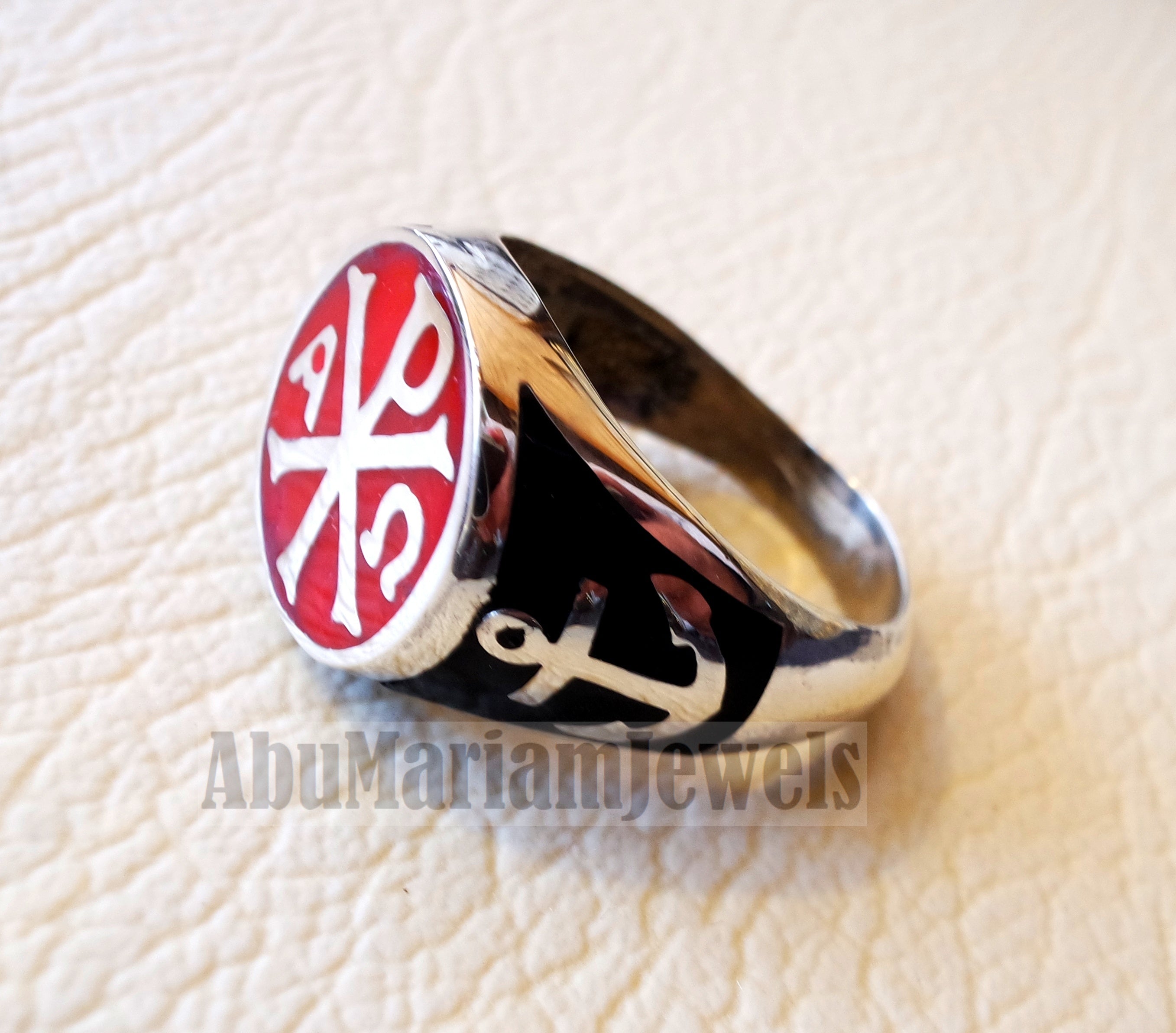 Chi Rho anchor on the sides cross christ christian symbol sterling silver 925 with red and black enamel man round ring jewelry fast shipping