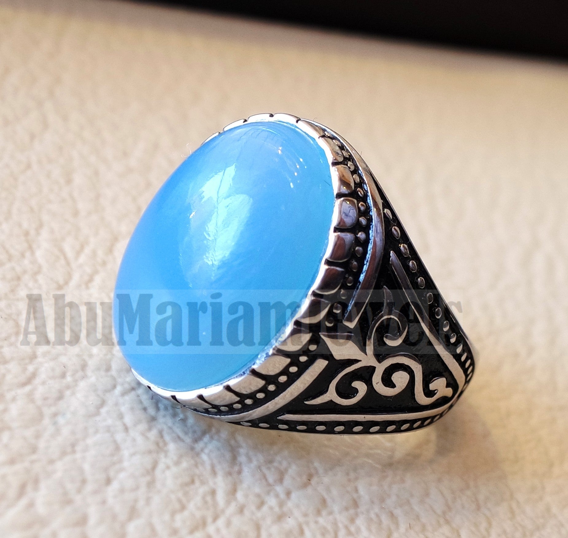 Blue Chalcedony men ring natural stone sterling silver 925 vintage turkish style all sizes jewelry fast shipping عقيق