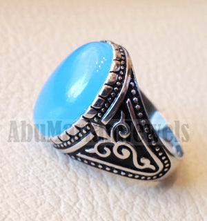 Blue Chalcedony men ring natural stone sterling silver 925 vintage turkish style all sizes jewelry fast shipping عقيق