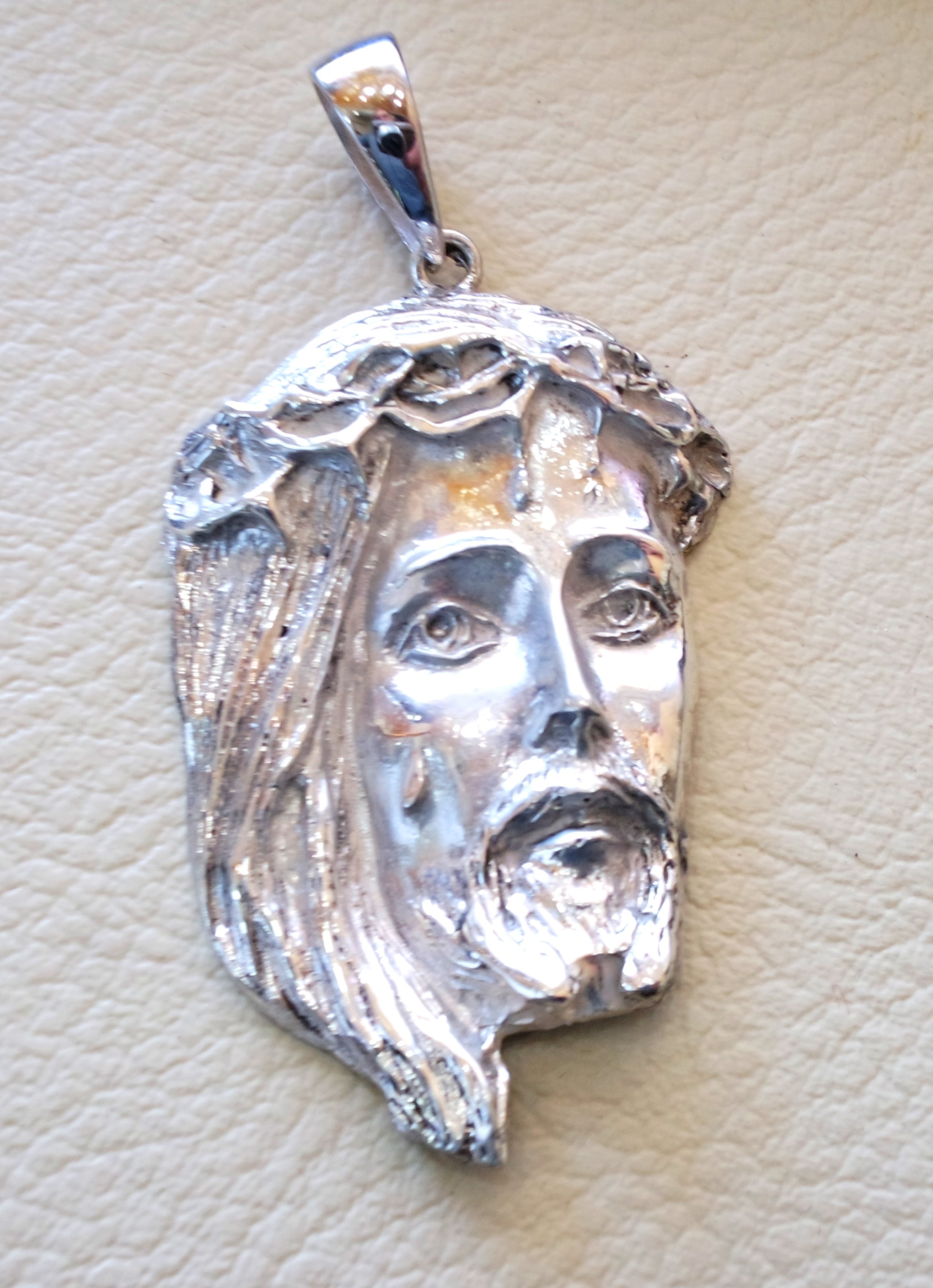Jésus Christ tête de visage énorme pendentif Sterling argent 925 Moyen  Orient bijoux christianisme Vintage main lourde expédition express