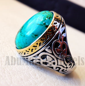 man ring nishapur tibet turquoise blue natural high quality stone sterling silver 925 and gold plated frame gem middle eastern style