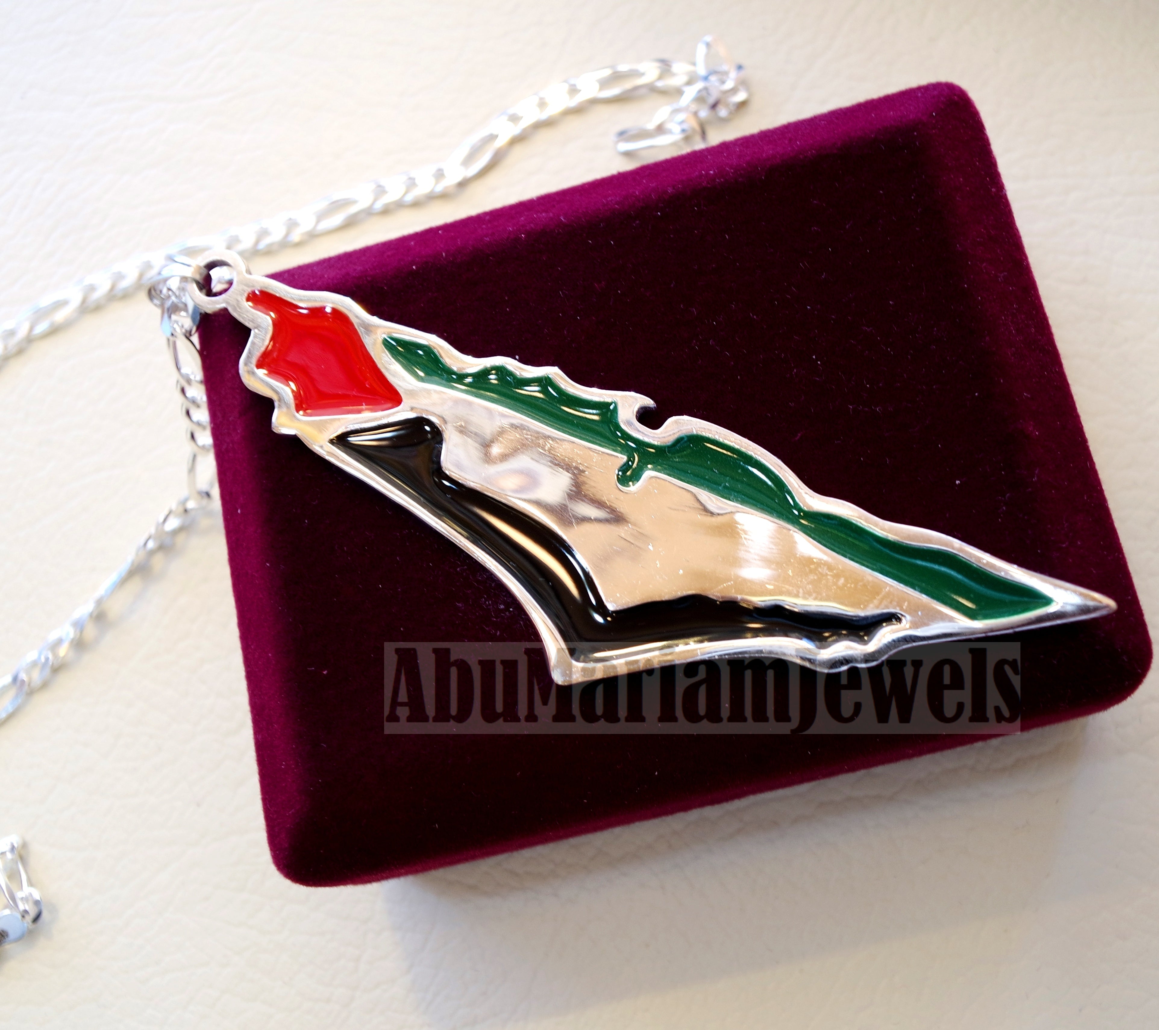 Huge heavy Palestine map & flag pendant with thick chain sterling silver 925 enamel colorful jewelry arabic fast shipping خارطه و علم فلسطين