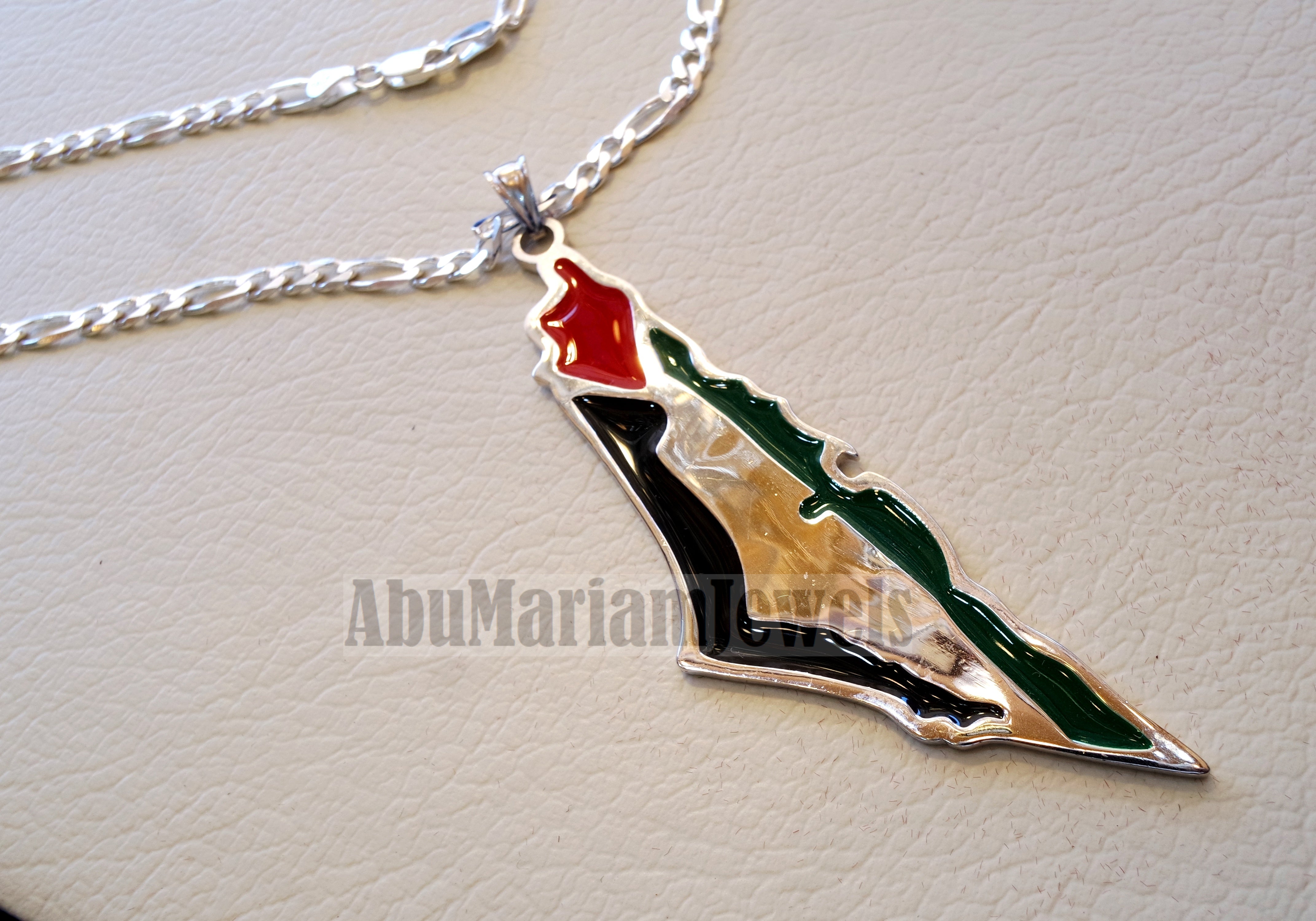 Huge heavy Palestine map & flag pendant with thick chain sterling silver 925 enamel colorful jewelry arabic fast shipping خارطه و علم فلسطين