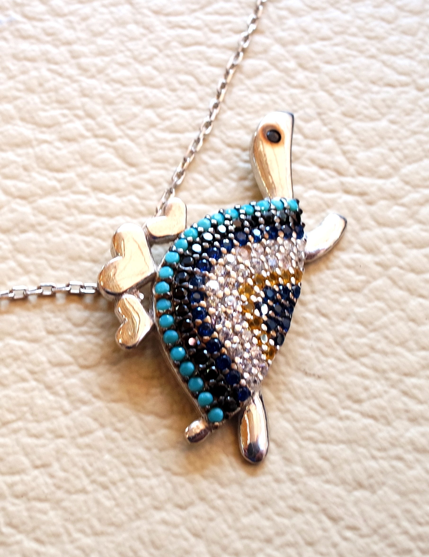 Collier tortue argent sterling 925 multi couleur bleu turquoise jaune blanc cubique zircone haute qualité polonais