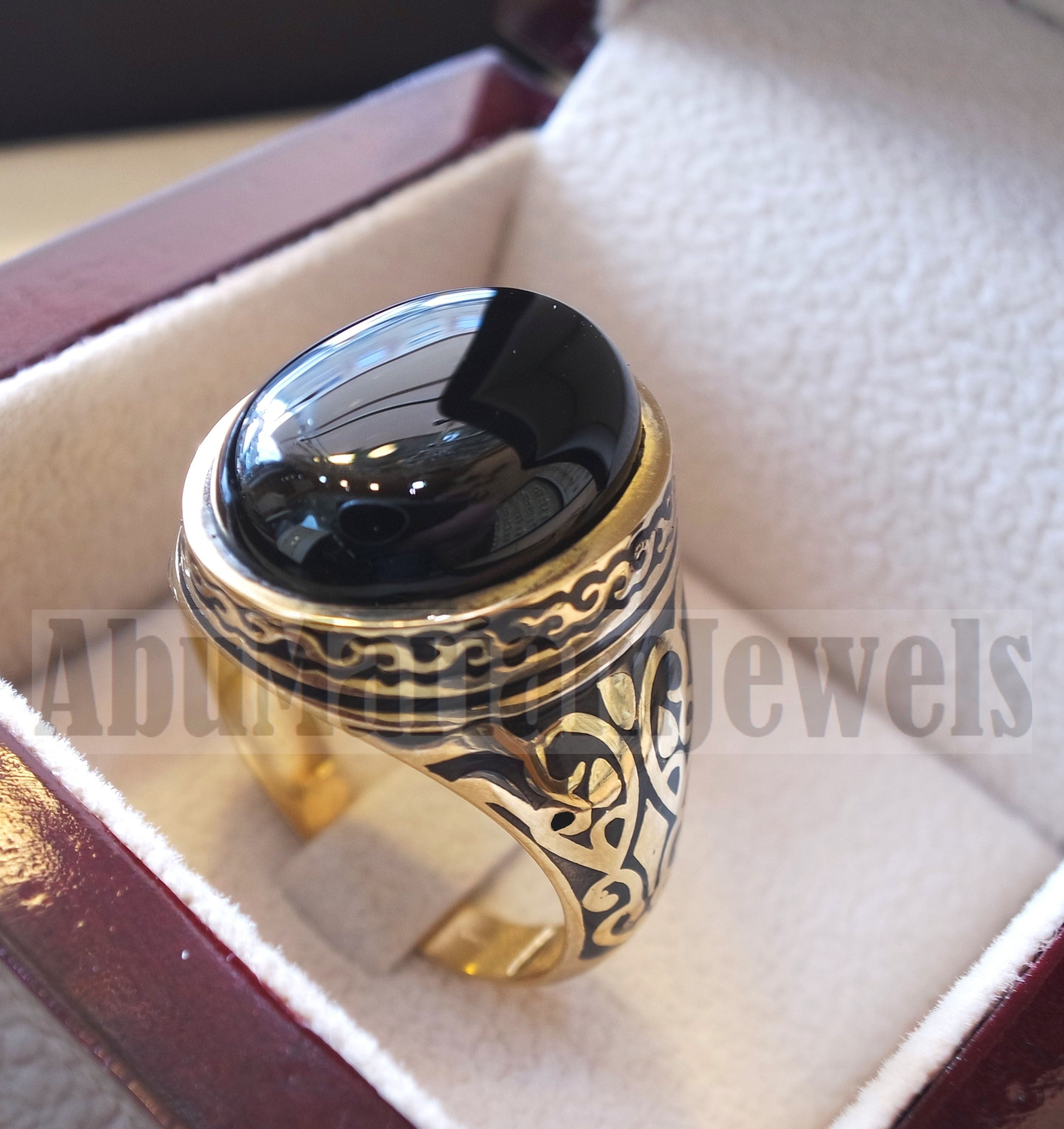 18k gold men ring black onyx cabochon high quality natural stone all sizes Ottoman signet style fine jewelry fast shipping