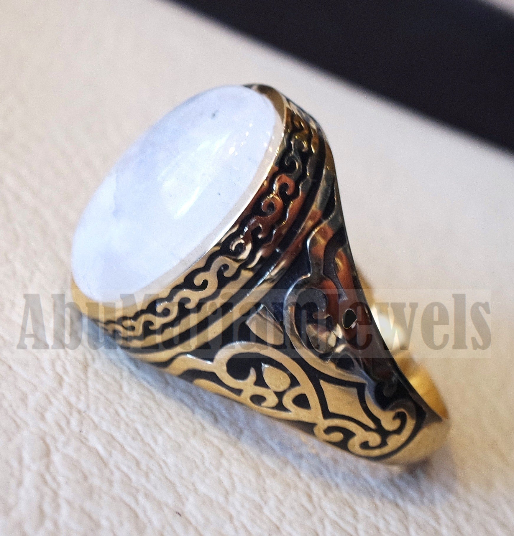 18k gold men ring moonstone cabochon high quality flashy white natural stone all sizes Ottoman signet style fine jewelry fast shipping