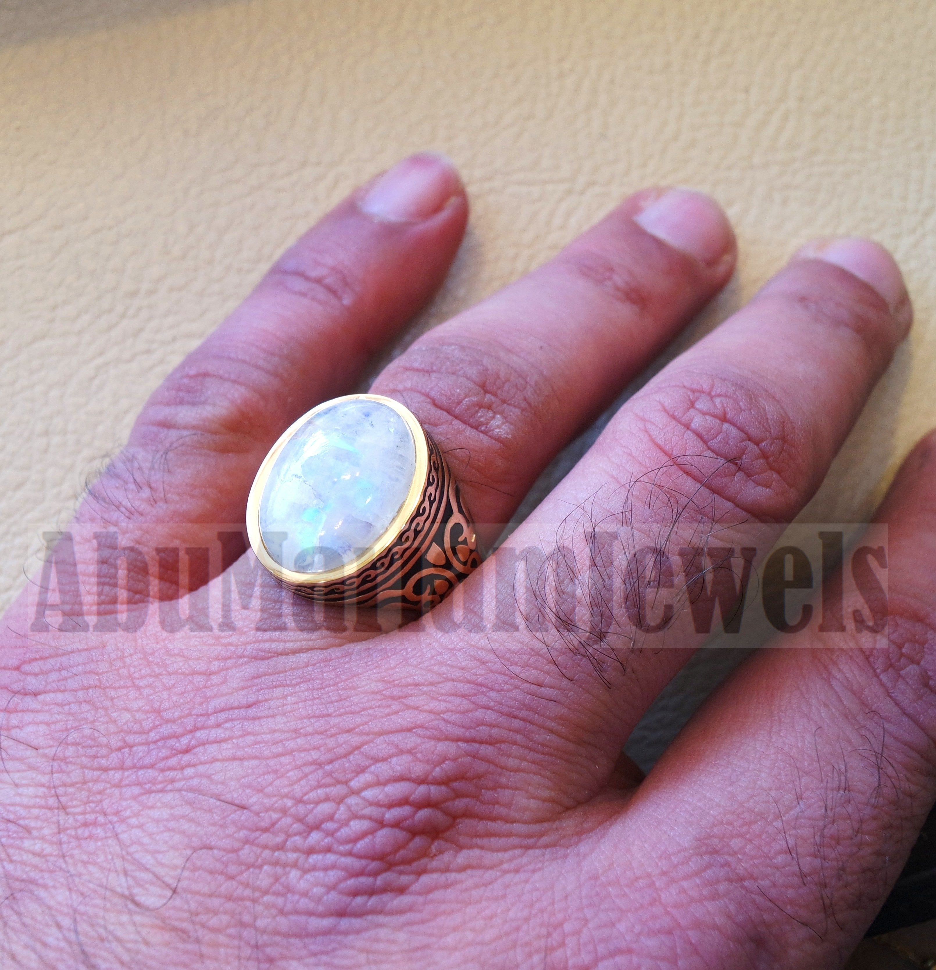 18k gold men ring moonstone cabochon high quality flashy white natural stone all sizes Ottoman signet style fine jewelry fast shipping