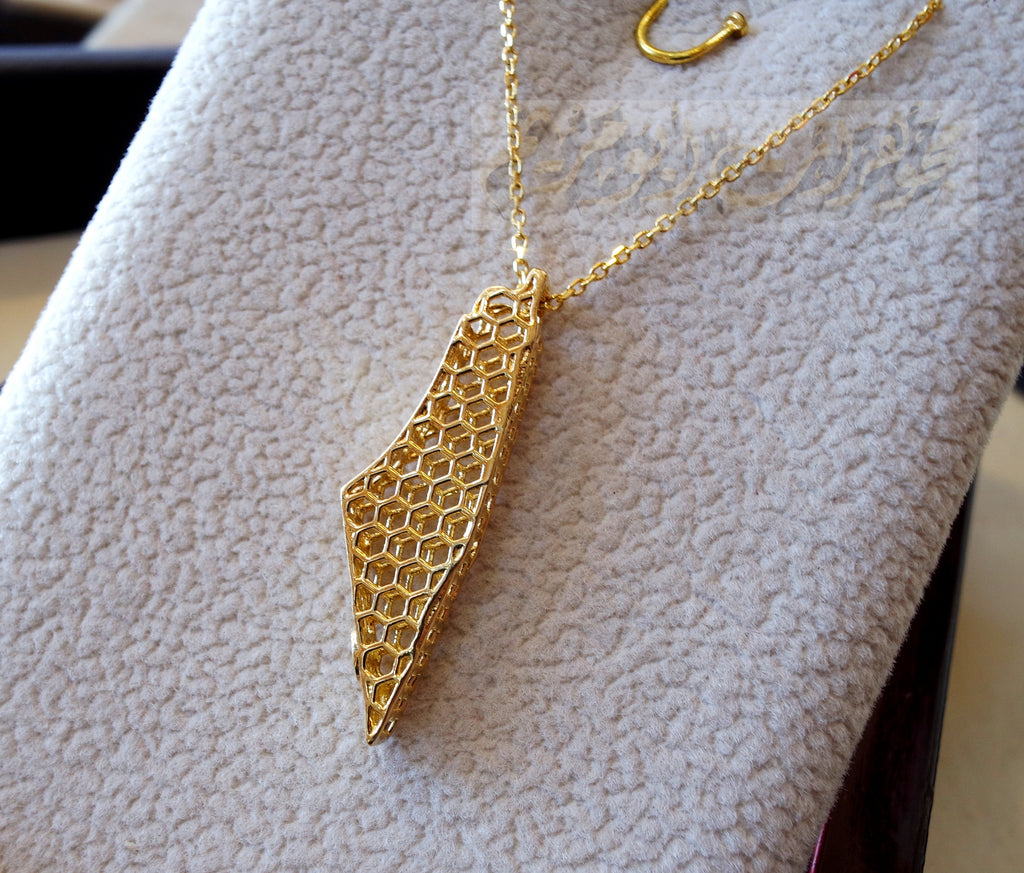 Honeycomb Palestine map 3d 18K yellow gold necklace pendant and chain gift fine jewelry full insured shipping