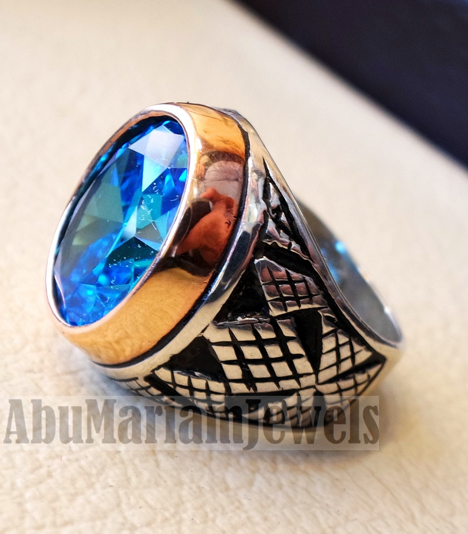 deep vivid sky blue cubic zircon oval 12 x 16 stone highest quality stone sterling silver 925 men ring and bronze frame all sizes jewelry