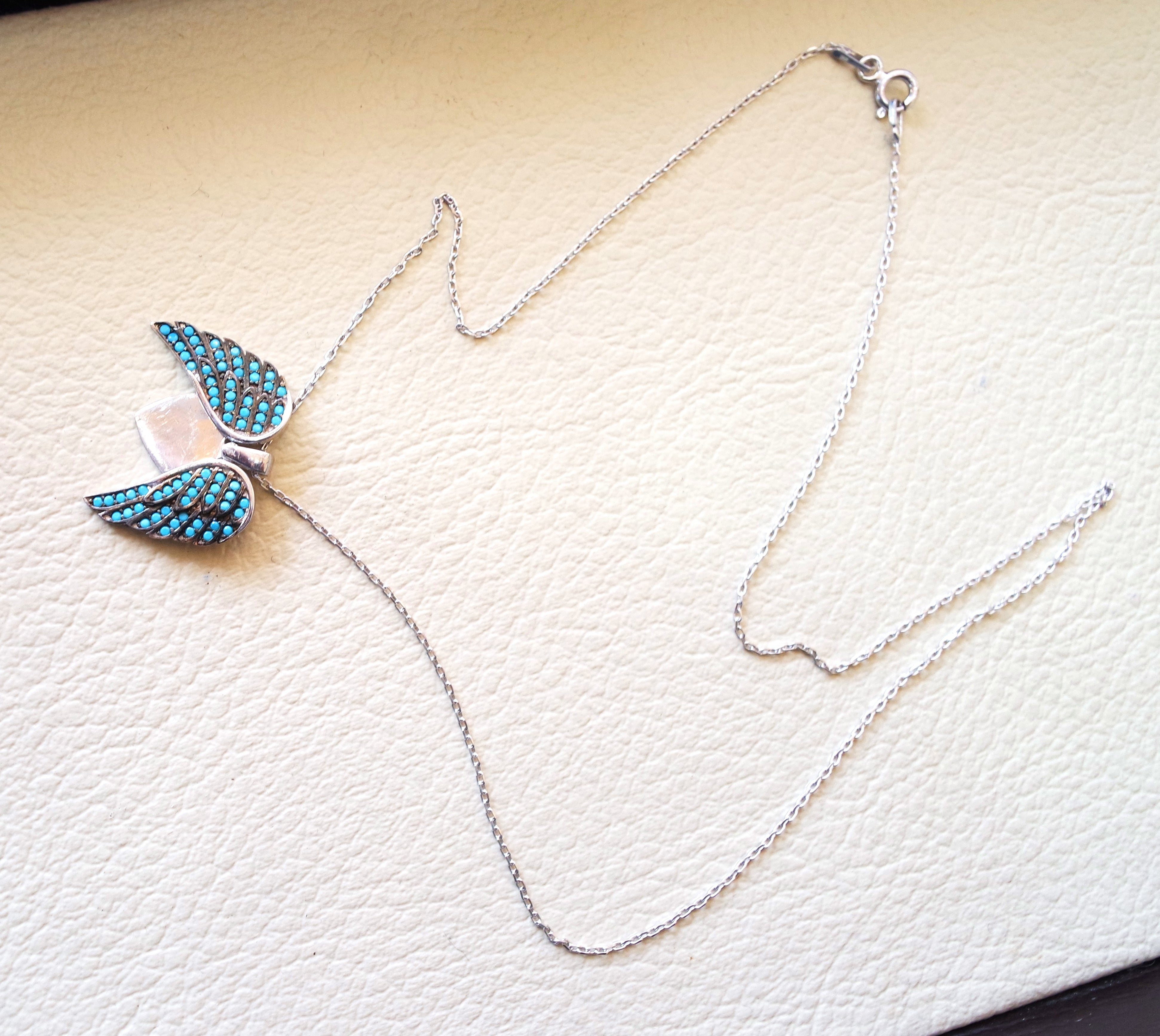 Angel Wings coeur pendentif collier à l'intérieur sterling silver 925 nano turquoise micro réglage