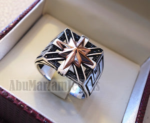 Square Compass ring sterling silver 925 and bronze and black cubic zirconia east west south north men ring all sizes fast shipping