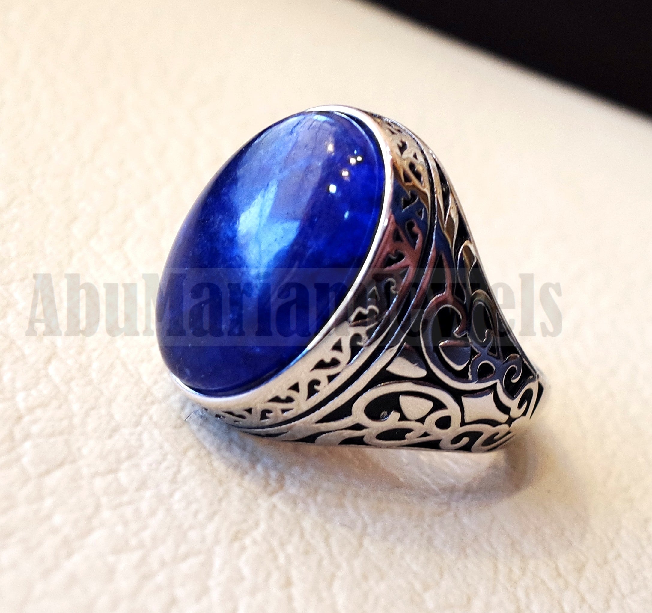 Treated natural corundum identical to genuine sapphire stone color huge men ring sterling silver 925 any size ottoman jewelry زفير