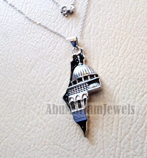 Big Palestine map with Aqsa mosque pendant sterling silver 925 white and black jewelry arabic fast shipping خارطه و علم فلسطين