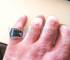 Agate black onyx aqeeq natural flat cushion stone man ring all sizes arabic Ottoman turkey antique style black zircon side setting