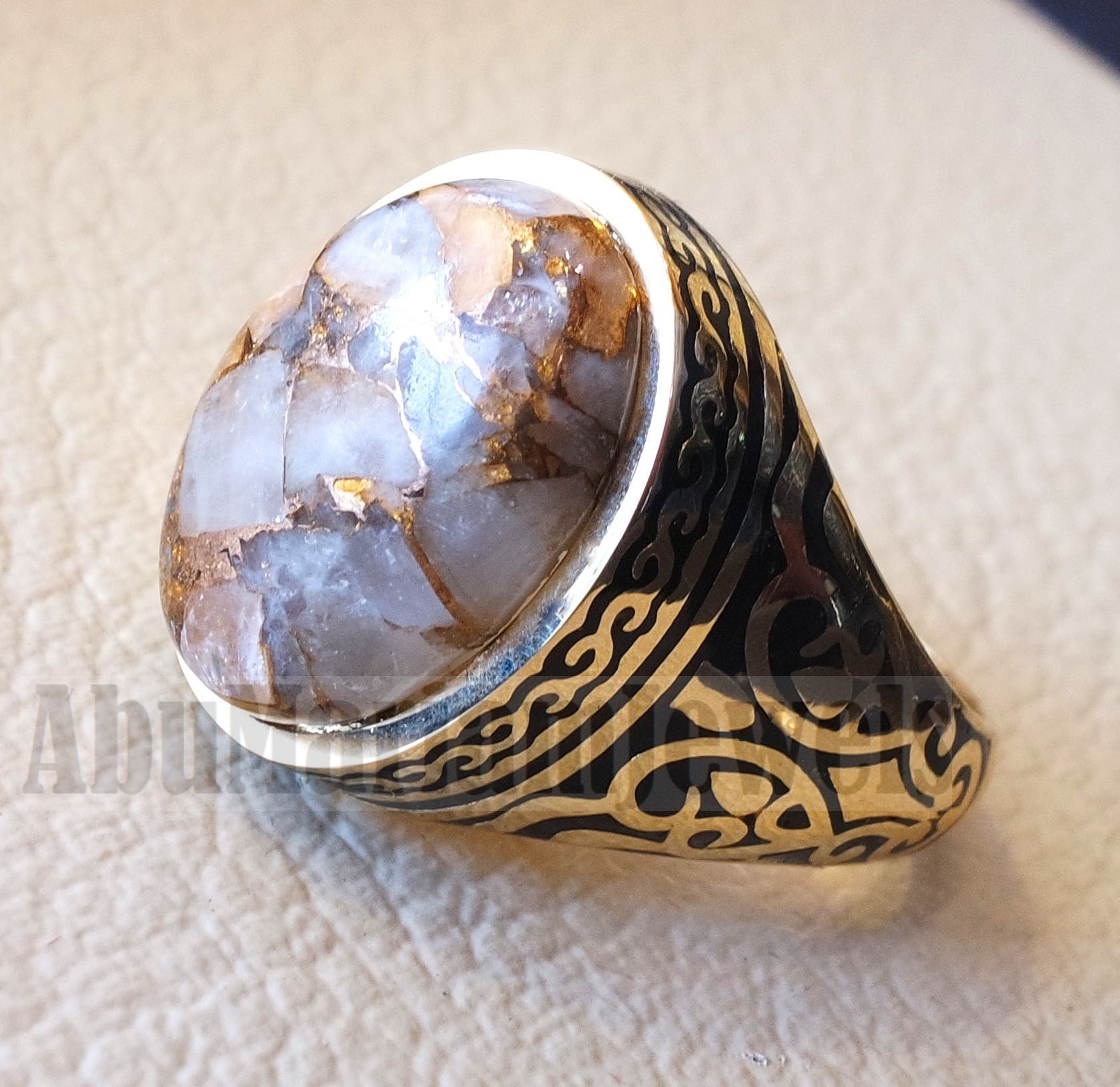 18k yellow gold men ring copper calcite cabochon high quality natural stone all sizes Ottoman signet style fine jewelry fast shipping