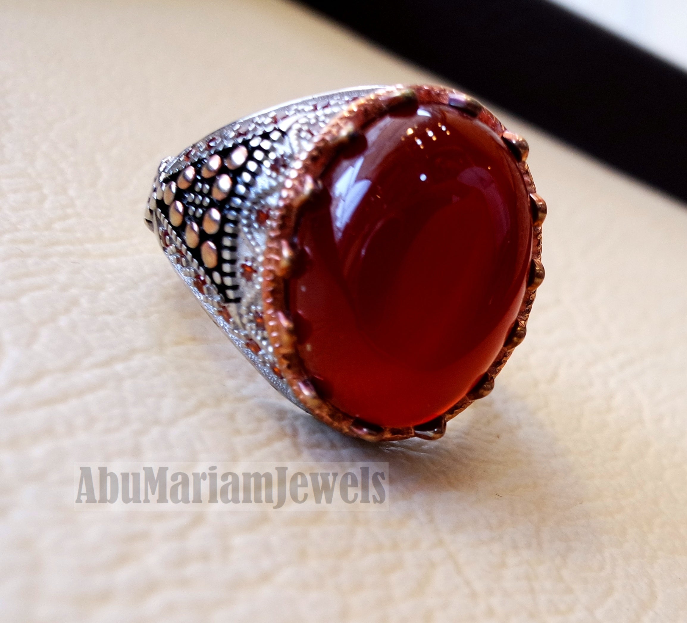 Aqeeq agate brown red natural semi precious carnelian stone man rings all sizes Arabic Ottoman Turkey antique style Orange fire cubic zirconia side