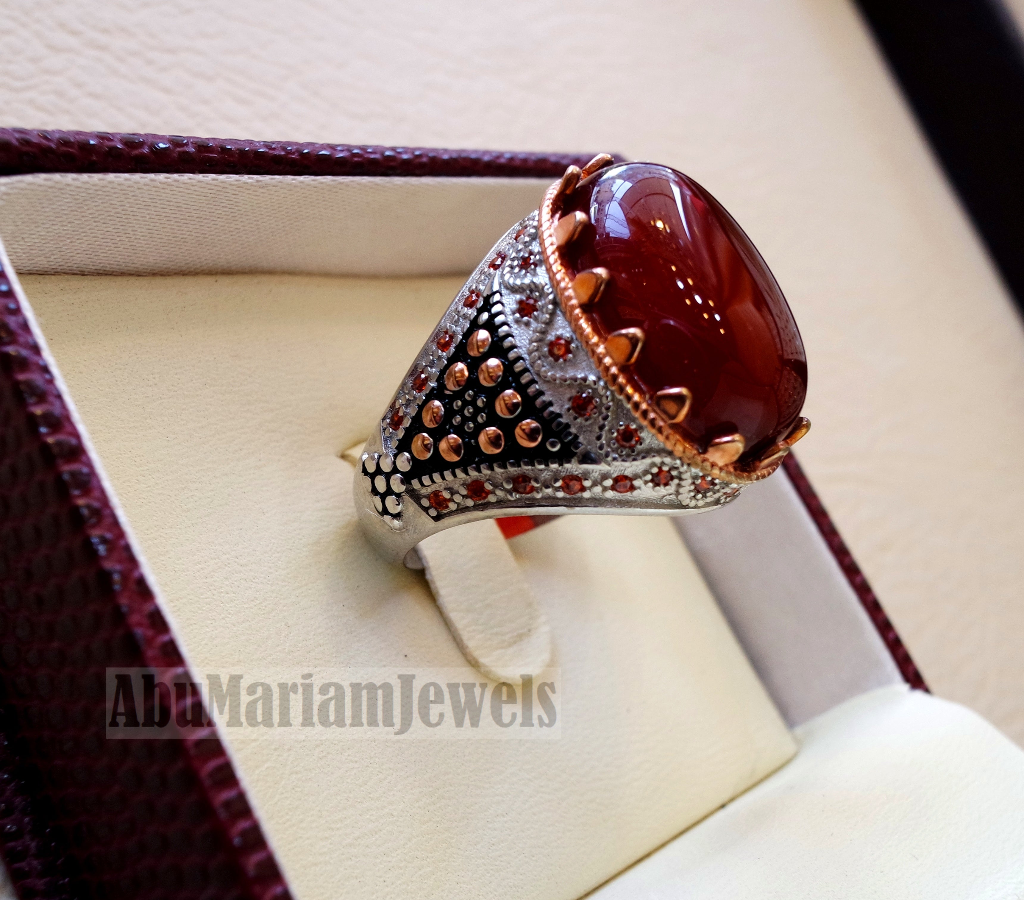 Aqeeq agate brown red natural semi precious carnelian stone man rings all sizes Arabic Ottoman Turkey antique style Orange fire cubic zirconia side