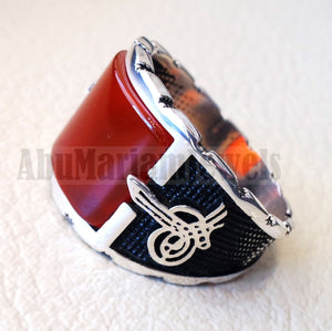 square aqeeq ring red semi precious carnelian natural flat stone sterling silver 925 all sizes arabic ottoman style men jewelry handmade