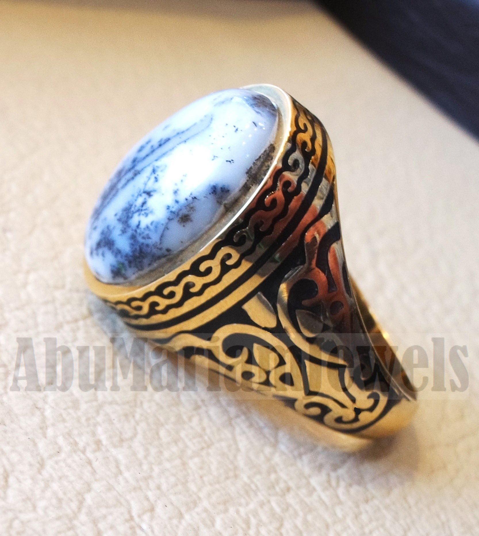 18k yellow gold men ring dendritic opal cabochon high quality natural stone all sizes Ottoman signet style fine jewelry fast shipping