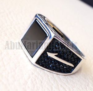 Square Alif Arabic Abjad stunning black onyx man ring sterling silver and black cubic zircon micro setting on sides natural flat gem الف عربي